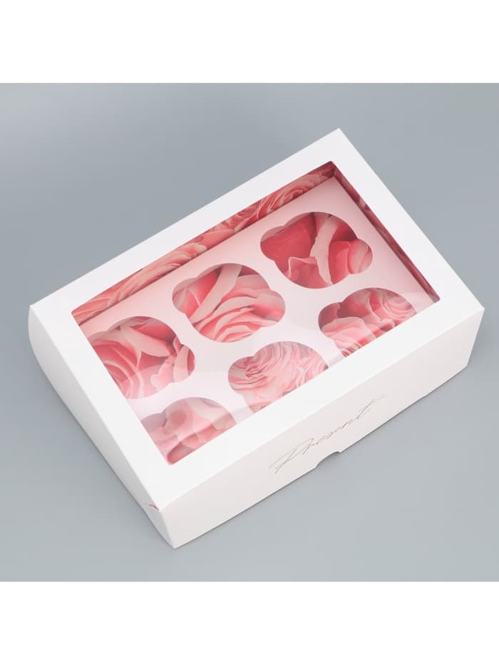 Коробка для капкейков, кондитерская упаковка двухсторонняя, 6 ячеек «Розы», 25 х 17 х 10 см