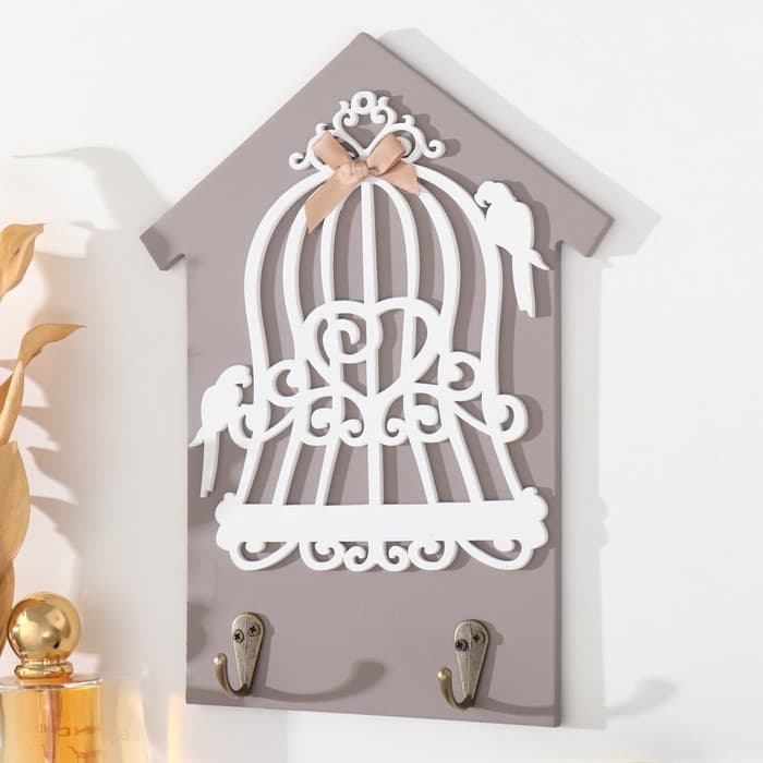 Настенные крючки декоративные «Два попугая и клетка», дерево, 20×0.5×26 см