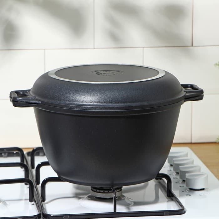 Казан KUKMARA «Традиция», 4 л, крышка-сковорода, литые ручки, антипригарное покрытие, литой алюминий, чёрный