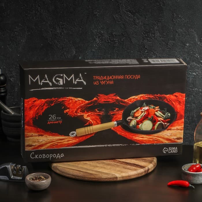 Сковорода Magma «Эко», 25×4.5 см, с 2 сливами, съёмная деревянная ручка, индукция, чугун, чёрная