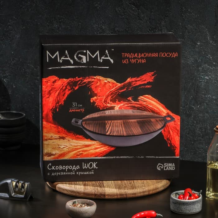 Сковорода - ВОК Magma «Хемминг», d=31 см, h=8 см, деревянная крышка, индукция, чугун, чёрная