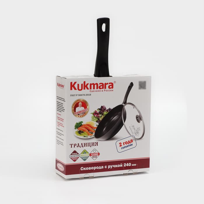 Сковорода KUKMARA «Традиция», d=24 см, h=6 см, стеклянная крышка, съёмная ручка, антипригарное покрытие, литой алюминий, чёрная
