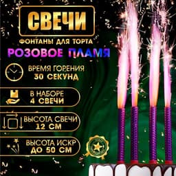 Свечи фонтаны в торт «Розовые искры», 4 шт., 12 см, горение 30 сек.