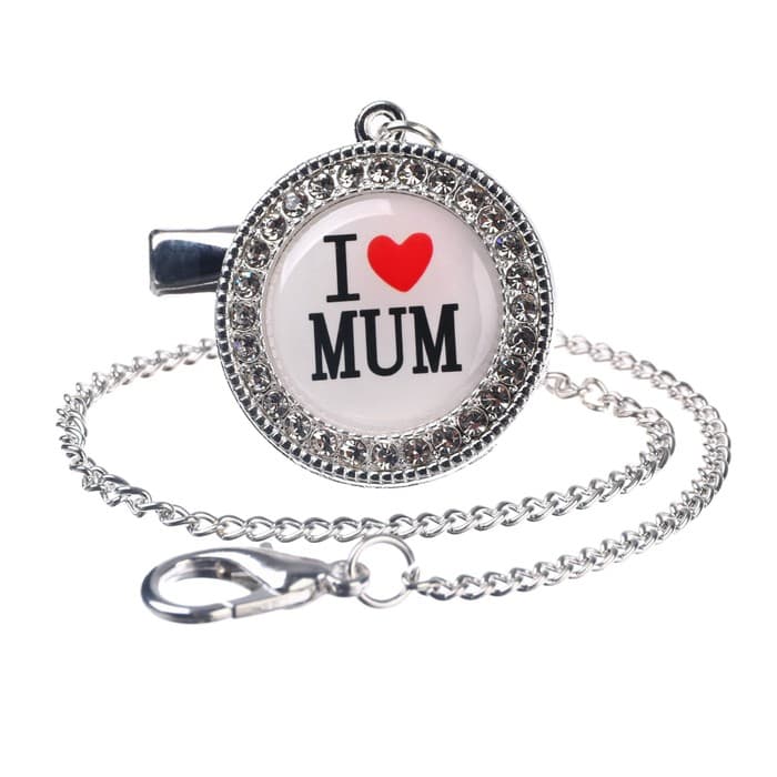 Соска - пустышка силиконовая ортодонтическая M&B «I LOVE MUM», от 6 мес., с колпачком, держатель - цепочка, белый/серебро, стразы