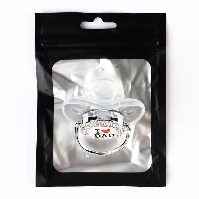 Соска - пустышка силиконовая ортодонтическая M&B «I LOVE DAD», от 6 мес., с колпачком, серый/серебро, стразы