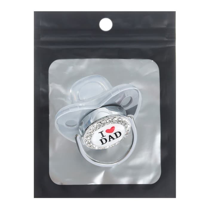 Соска - пустышка силиконовая ортодонтическая M&B «I LOVE DAD», от 6 мес., с колпачком, серый/серебро, стразы