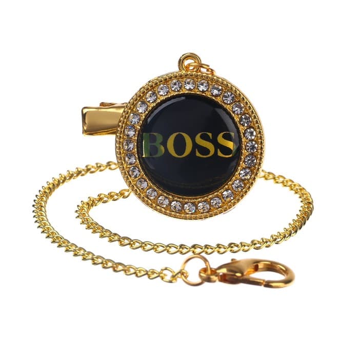 Соска - пустышка силиконовая ортодонтическая M&B «BOSS», от 6 мес., с колпачком, держатель - цепочка, черный/золото, стразы