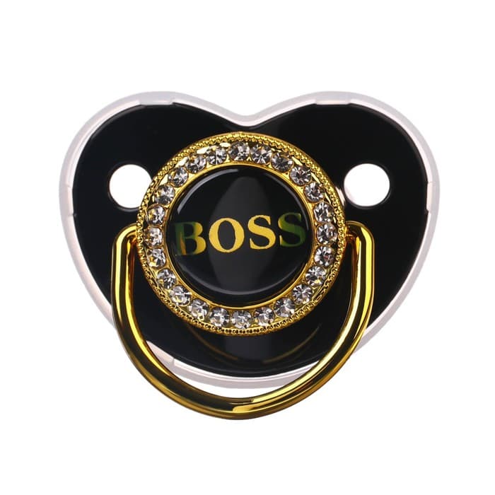 Соска - пустышка силиконовая ортодонтическая M&B «BOSS», от 6 мес., с колпачком, держатель - цепочка, черный/золото, стразы