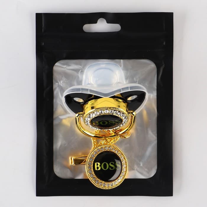 Соска - пустышка силиконовая ортодонтическая M&B «BOSS», от 6 мес., с колпачком, держатель - цепочка, черный/золото, стразы