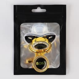 Соска - пустышка силиконовая ортодонтическая M&B «BOSS», от 6 мес., с колпачком, держатель - цепочка, черный/золото, стразы