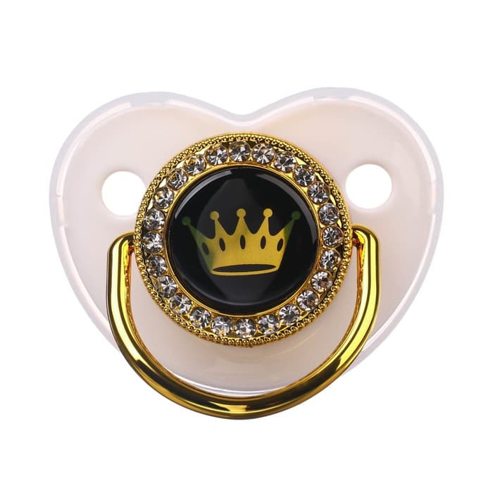 Соска - пустышка силиконовая ортодонтическая M&B «PRINCESS», от 6 мес., с колпачком, держатель - цепочка, белый/золото, стразы