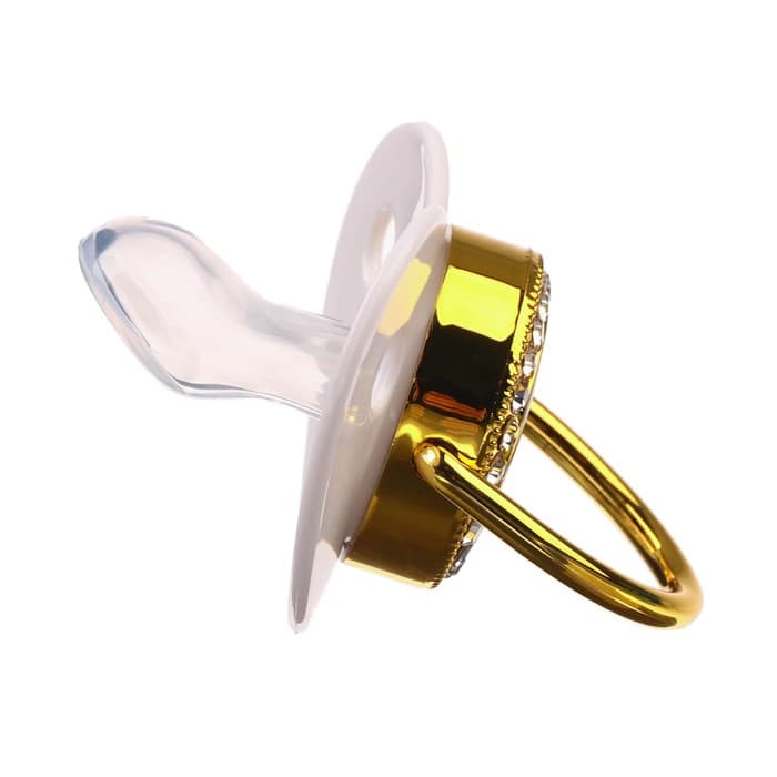 Соска - пустышка силиконовая ортодонтическая M&B «PRINCESS», от 6 мес., с колпачком, держатель - цепочка, белый/золото, стразы