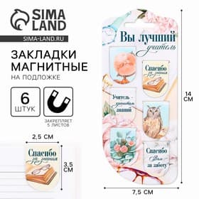 Магнитные закладки для книг, 6 шт., на подложке «Вы лучший учитель»