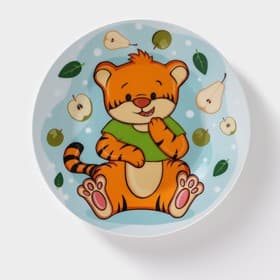 Детская тарелка Доляна «Тигрёнок с грушами», d=17.5 см, керамика, белая