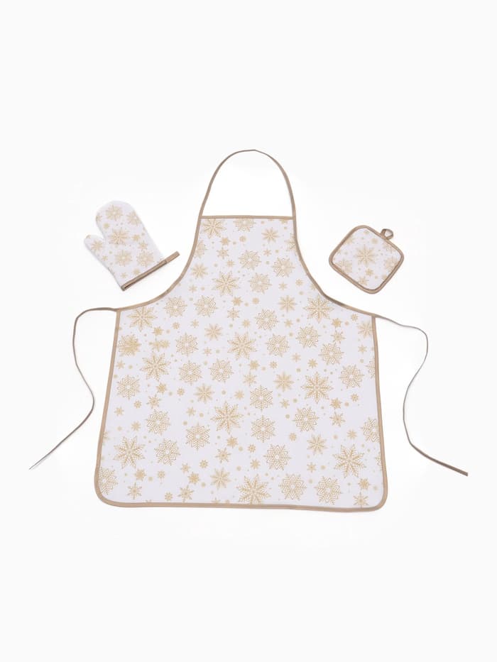 Кухонный набор «Доляна. Снежинки»: прихватка 17×17 см, варежка 26×16 см, фартук 70×80 см, золотистый