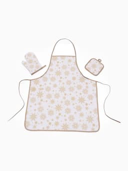 Кухонный набор «Доляна. Снежинки»: прихватка 17×17 см, варежка 26×16 см, фартук 70×80 см, золотистый