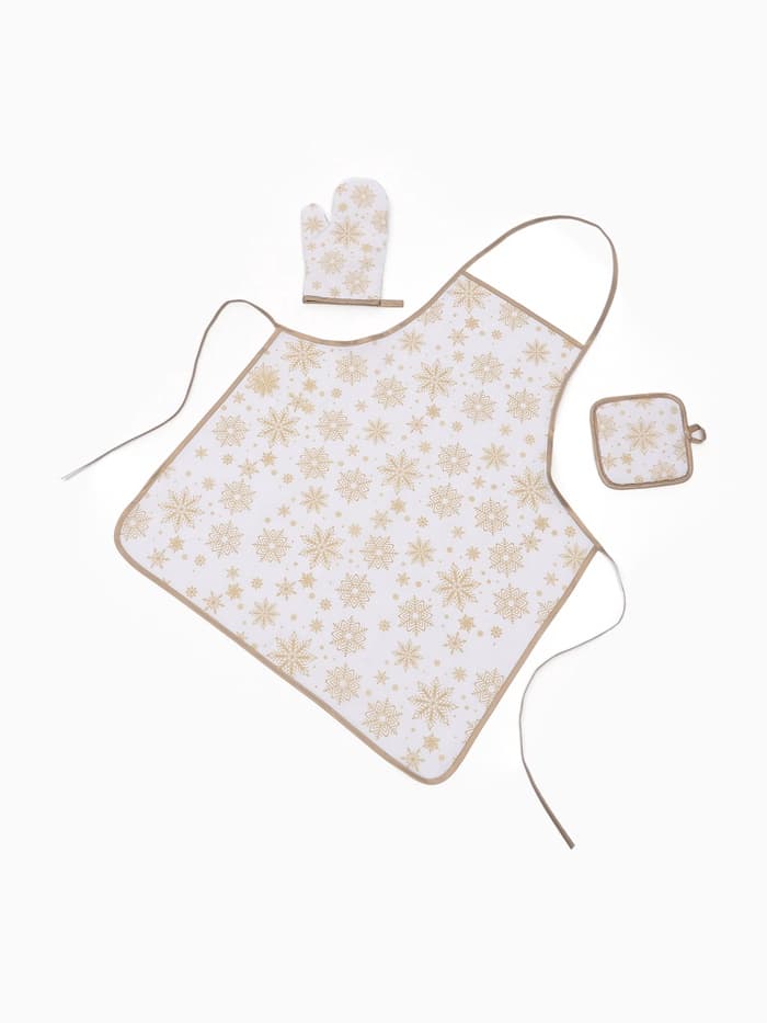 Кухонный набор «Доляна. Снежинки»: прихватка 17×17 см, варежка 26×16 см, фартук 70×80 см, золотистый