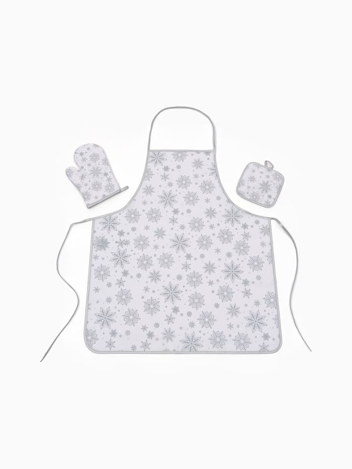 Кухонный набор «Доляна. Снежинки»: прихватка 17×17 см, варежка 26×16 см, фартук 70×80 см, серебристый