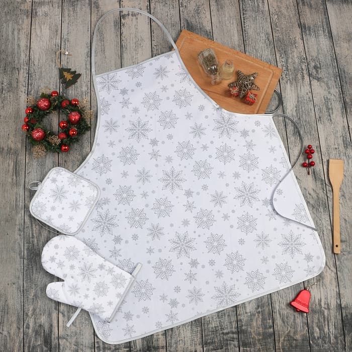 Кухонный набор «Доляна. Снежинки»: прихватка 17×17 см, варежка 26×16 см, фартук 70×80 см, серебристый
