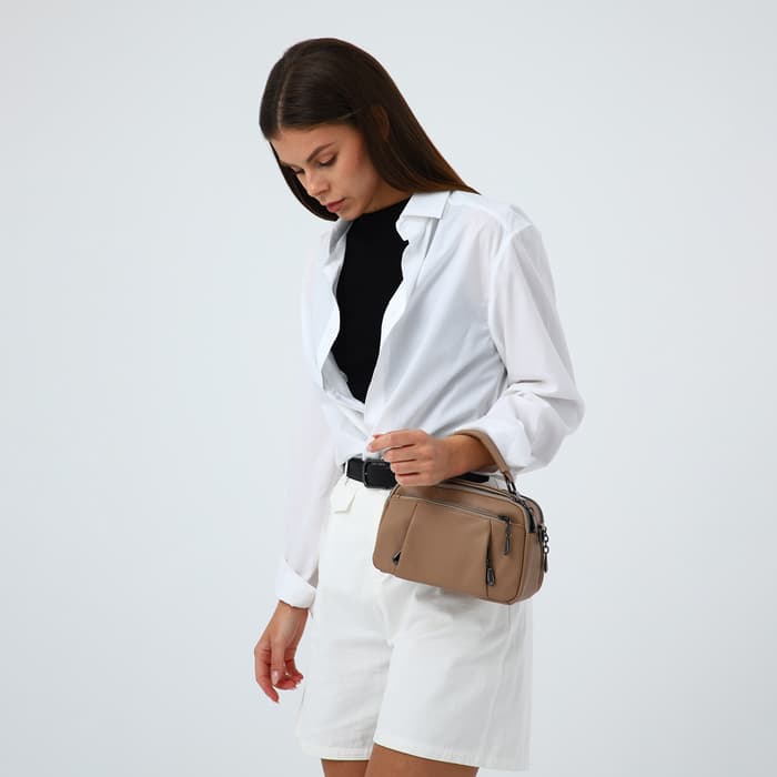 Сумка женская саквояж на молнии, 23×10×15 см, бежевая