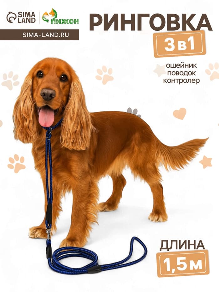 Ринговка для собак, 150×0.6 см, с вертлюгом, синяя, чёрная