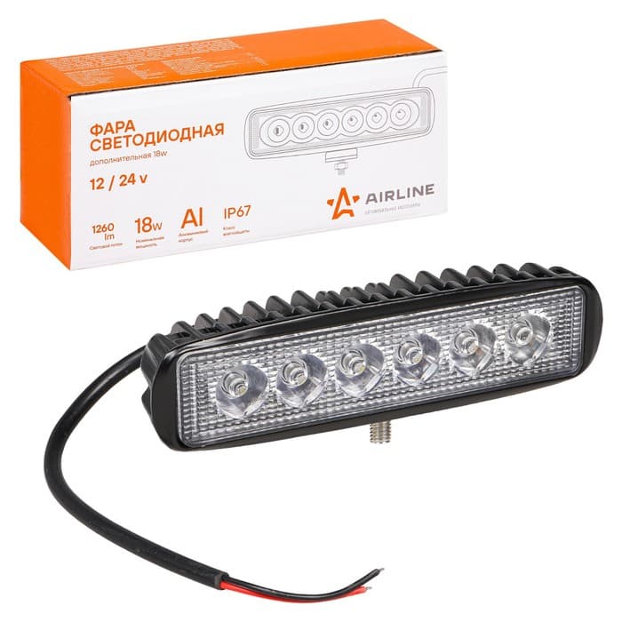 Фара светодиодная прямоугольная Airline, 6 LED, направленный свет, 18W, 157×42×40, 12/24V