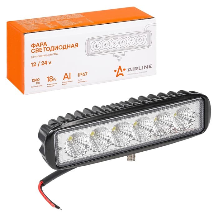 Фара светодиодная прямоугольная Airline, 6 LED, рассеянный свет, 18W, 157×42×40, 12/24V