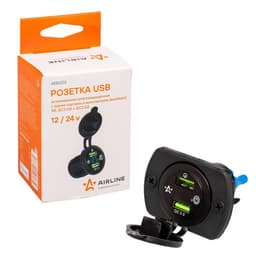 Розетка USB автомобильная Airline, влагозащитная, с 2 портами и вольтметром, 5 В, QC3.0+QC3.0