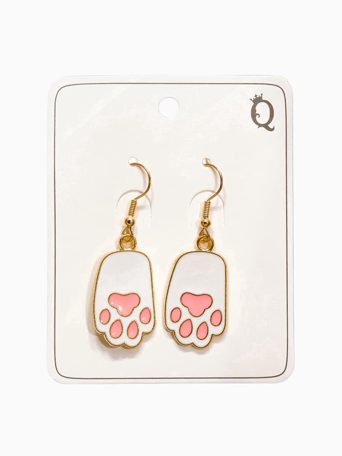 Серьги с эмалью «Лапка», кота, розово-белые в золоте