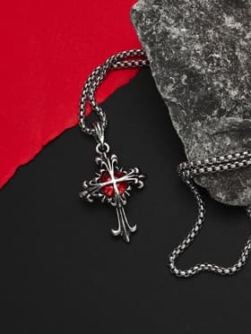 Кулон на цепочке «Крест узор», красный в чернёном серебре, L=70 см