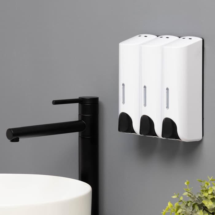 Диспенсер для мыла SAVANNA, механический, 3 отсека по 350 мл, шампунь, кондиционер, гель, белый