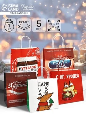 Набор пакетов подарочных «Новогодний праздник» 5 шт., 22×22×11 см