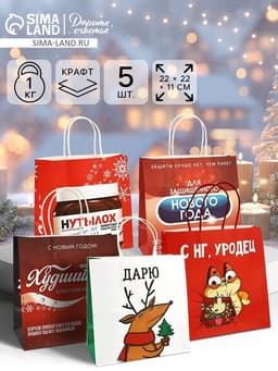 Набор пакетов подарочных «Новогодний праздник» 5 шт., 22×22×11 см