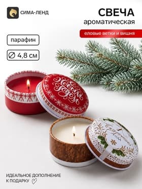 Свечи новогодние, в железной банке, набор 2 шт., еловые ветки и вишня, d=4.8 см