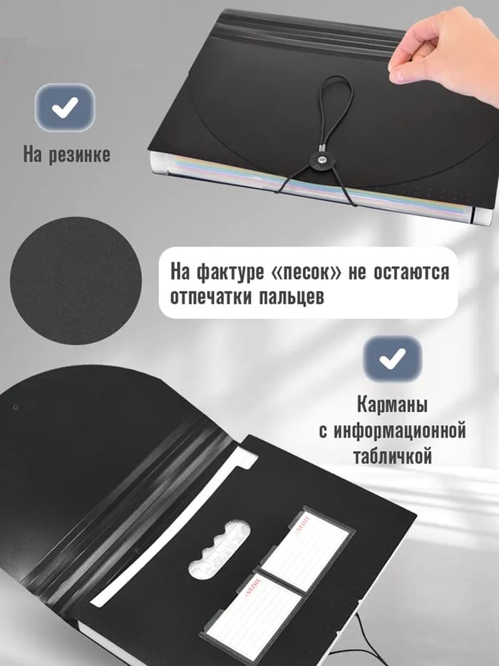 Папка 12 отделений, А4, с цветными разделителями, черная