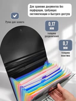 Папка 12 отделений, А4, с цветными разделителями, черная