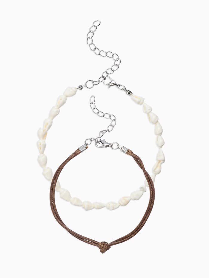 Браслеты на ногу «Ракушки», набор 2 шт. L=28 см, белые, коричневый в серебре