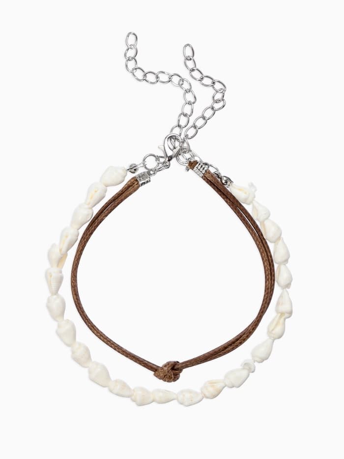 Браслеты на ногу «Ракушки», набор 2 шт. L=28 см, белые, коричневый в серебре