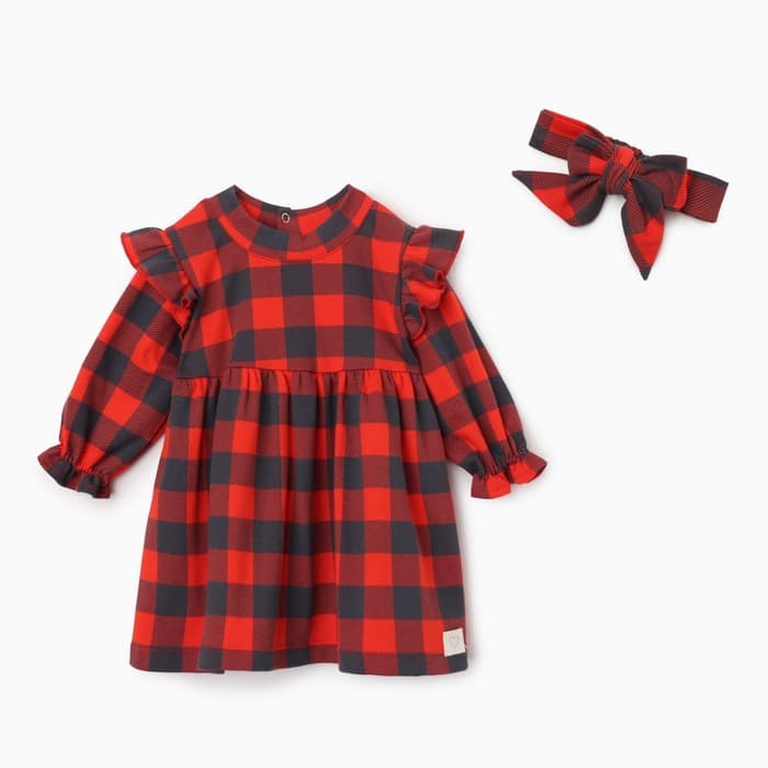 Комплект для девочки (платье, повязка) «Крошка Я. Клеточка», рост 62-68 см, красное