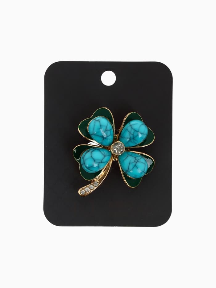 Брошь «Клевер» с бирюзой, цветная в золоте