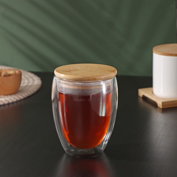Стакан с двойными стенками BellaTenero «Эко», 330 мл, бамбуковая крышка, стекло, прозрачный