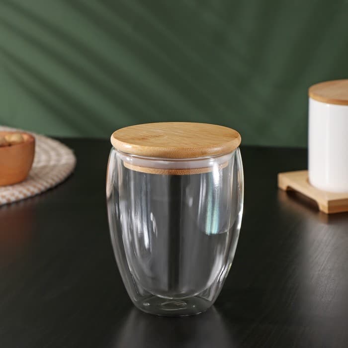 Стакан с двойными стенками BellaTenero «Эко», 330 мл, бамбуковая крышка, стекло, прозрачный