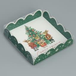 Коробка для кондитерских изделий новогодняя с пластиковой крышкой «Зайчики», 13×13×3 см