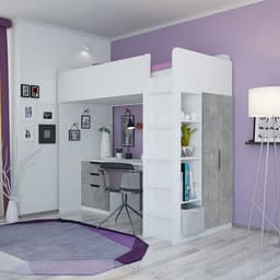 Кровать-чердак Polini kids Simple, с письменным столом, с шкафом, 2050×1543×1993 мм, цвет белый/бетон