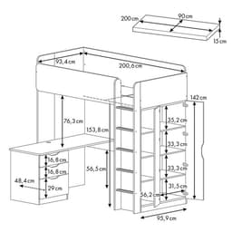 Кровать-чердак Polini kids Simple, с письменным столом, с шкафом, 2050×1543×1993 мм, цвет белый/бетон
