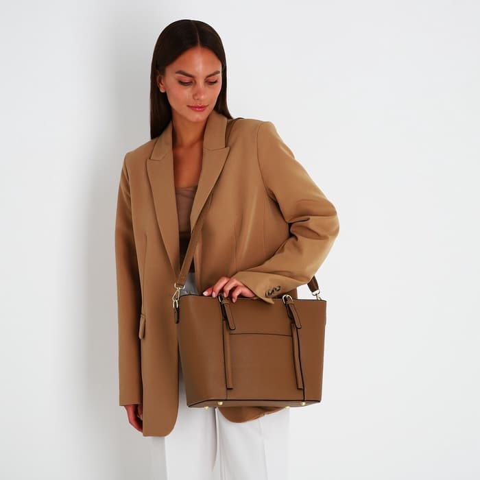 Сумка - шоппер женская на молнии, 40×13×25 см, светло-коричневая