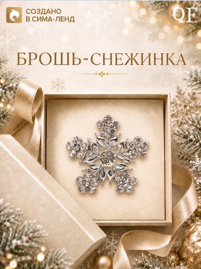 Брошь новогодняя «Снежинка цветочная», белая в серебре
