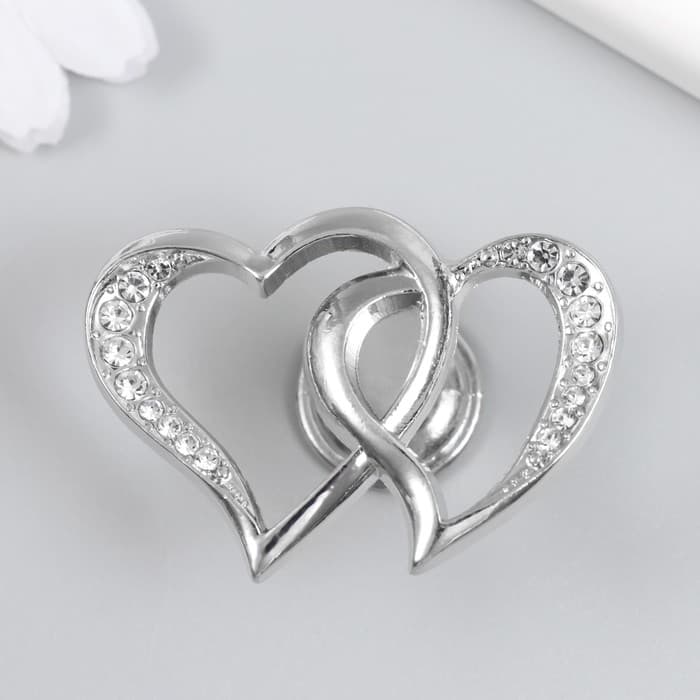 Фурнитура для шкатулки, ручка «Два сердца», металл, стразы, серебро 3.8×5.4×2.4 см