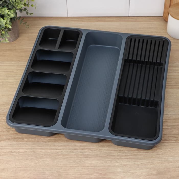 Лоток для столовых приборов и ножей FOLYlife, 40×5.1 см, 7 отделений, пластик, серый, чёрный