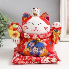 Копилка для денег «Кот Манэки-нэко для благополучия и изобилия», керамика, красный, 14×20×20.5 см